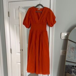 AYR Orange Maxi Dress with Puff Sleeves and V-Neck